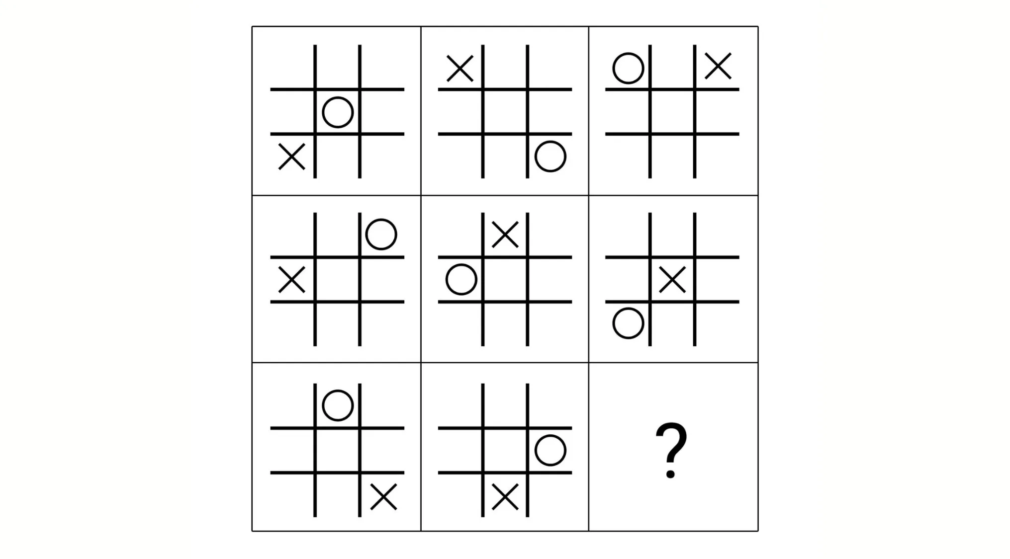 Noughts and crosses grid puzzle showing patterns with missing piece for visual IQ quiz supreme level challenge.