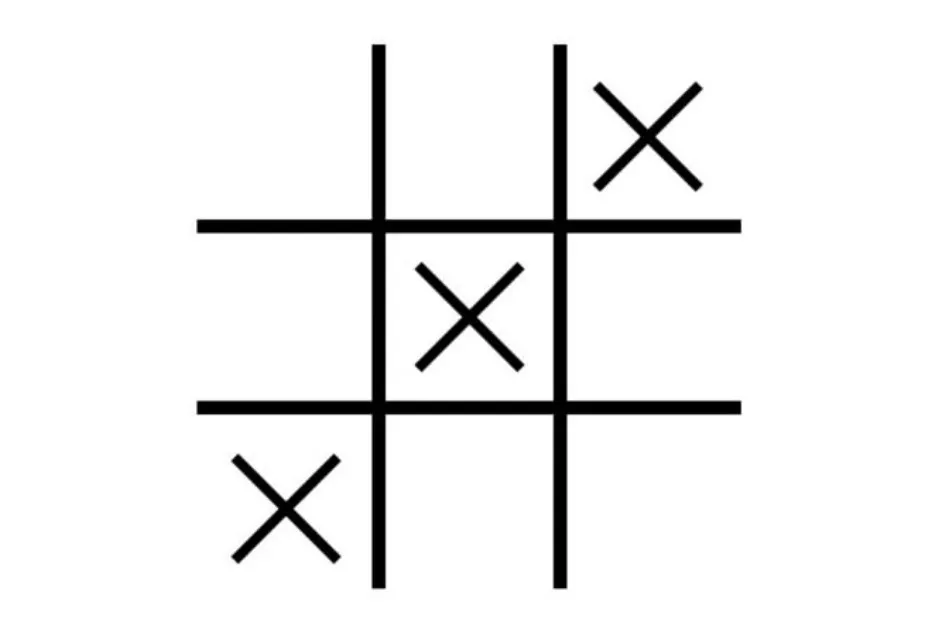 Partially completed noughts and crosses grid showing three X marks as part of a puzzle to complete the pattern.