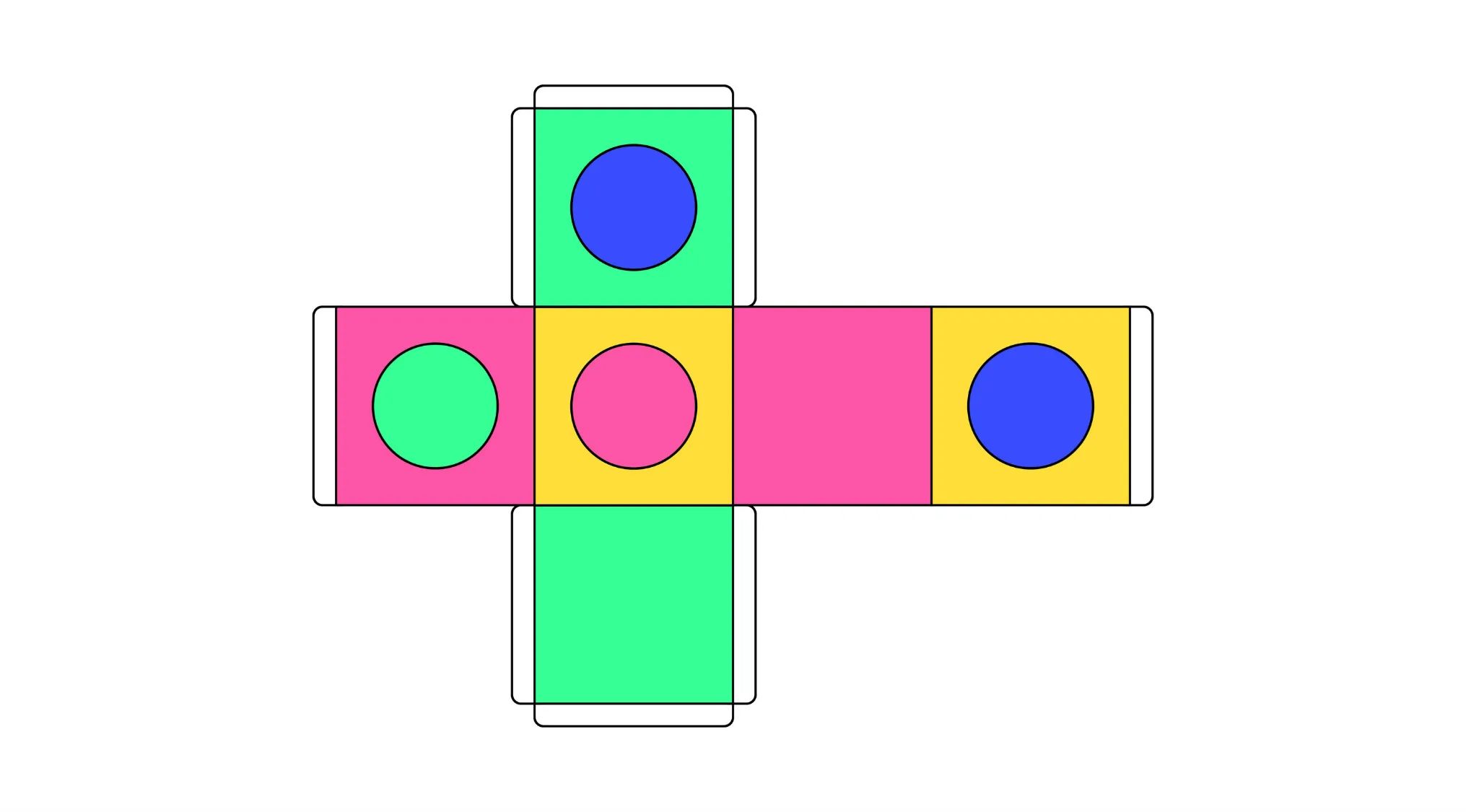 Cube net with colored faces and circles, part of a visual IQ quiz to find the missing piece and identify the correct cube.