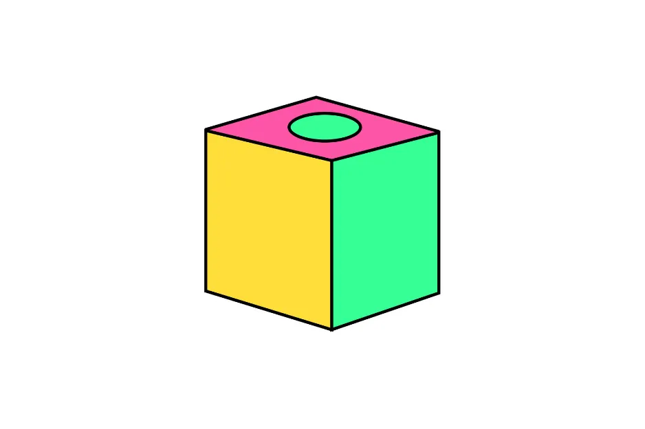 Colored cube illustration with pink top featuring a green circle, yellow front, and green side representing the cube A.