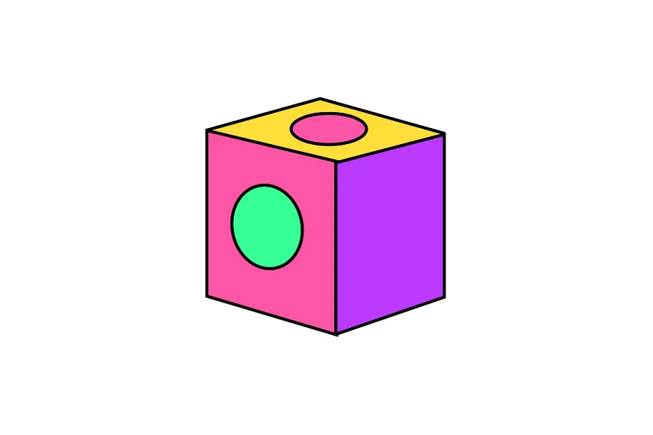 Colorful cube with a green circle on the pink face, a pink circle on the yellow face, and a purple side visible