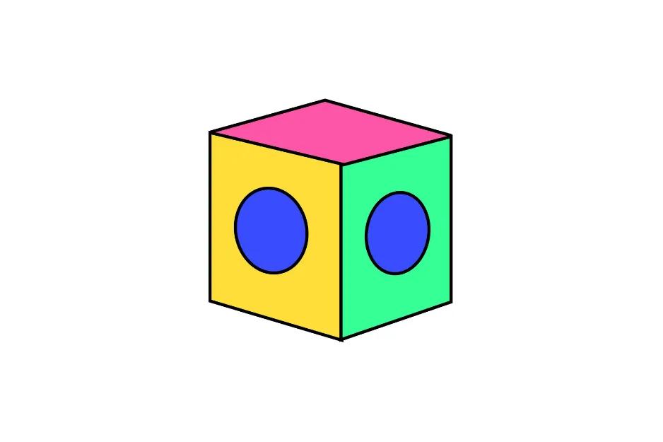 Colorful cube with blue circles on yellow and green faces, representing a geometric shape and cube concept.