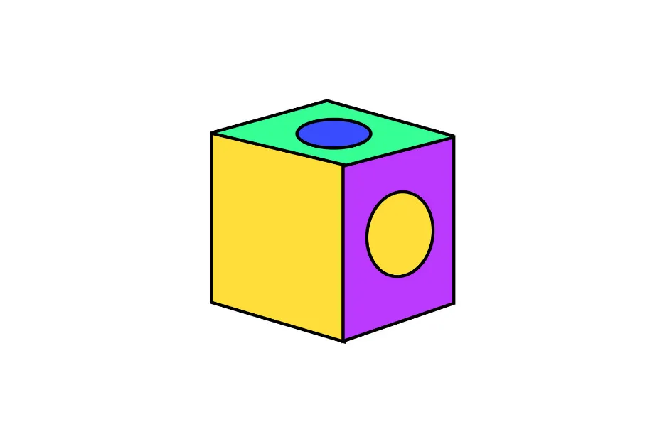 Colorful cube with a blue circle on top and a yellow circle on the purple side, representing the cube correctly.