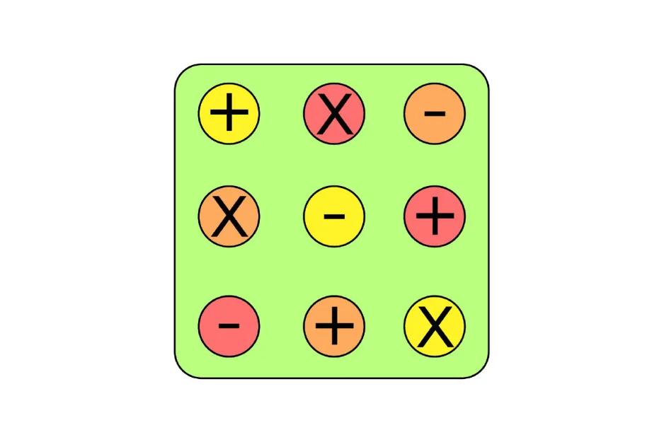 Grid of colorful circles displaying plus, minus, and multiplication signs, representing the missing piece puzzle concept.
