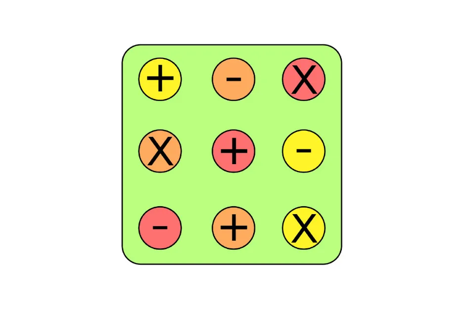 Colorful circles with plus, minus, and multiplication symbols arranged in a grid asking which is the missing piece puzzle