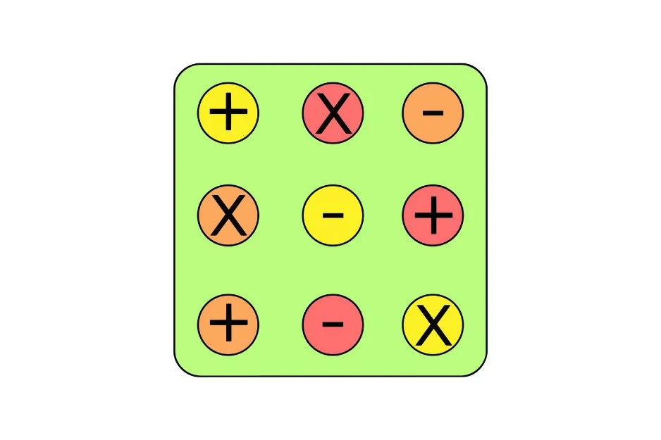 Grid of colored circles with plus, minus, and multiplication signs, representing the missing piece puzzle concept.