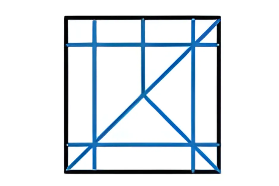 Geometric pattern puzzle with blue and black lines forming shapes inside a square for pattern completion challenge.