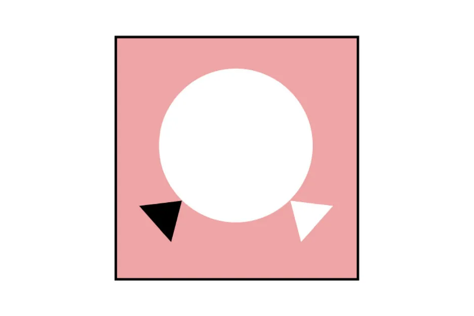 Abstract shape puzzle with a missing piece inside a pink square, featuring black and white triangular shapes.