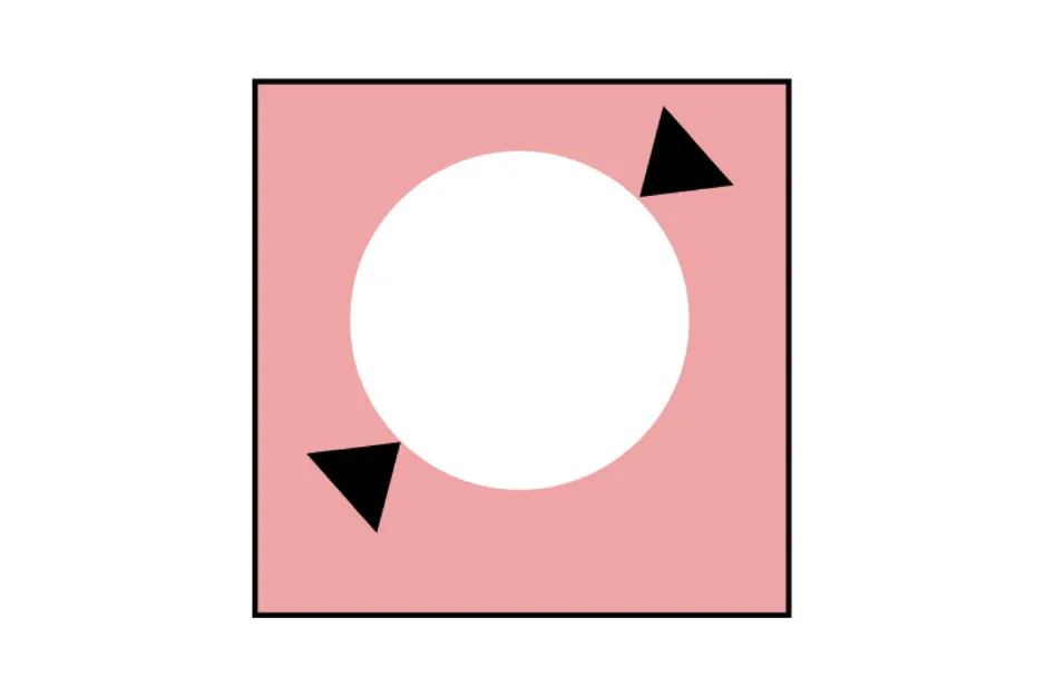Pink square with a white missing piece in the center and two black triangular shapes on opposite corners.