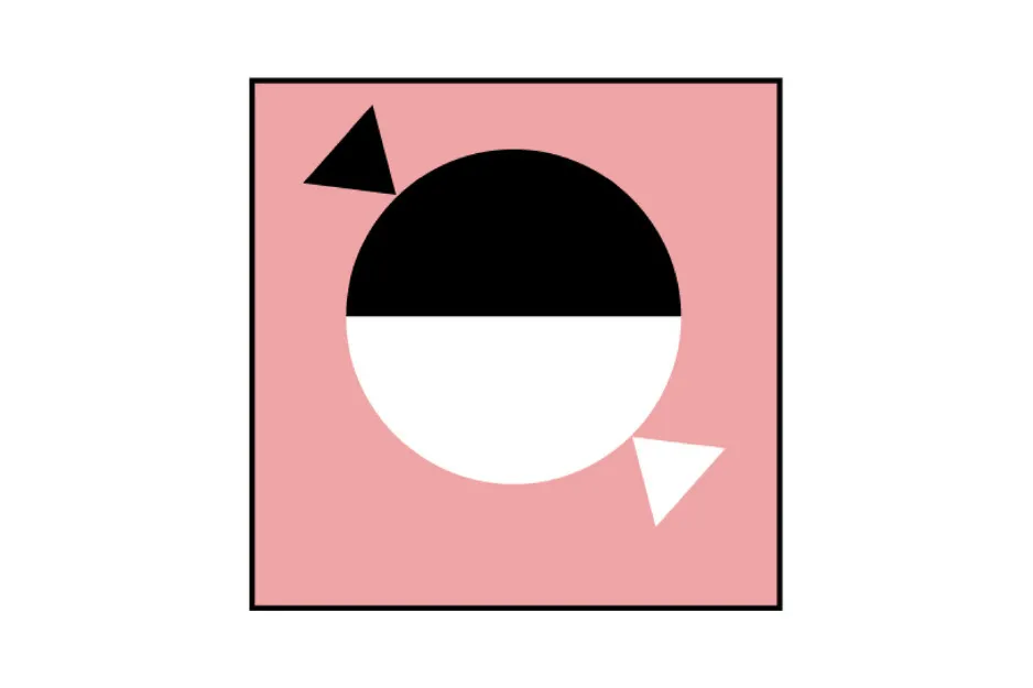 Abstract circle divided in black and white halves with two triangular shapes on a pink background, choose missing piece concept.