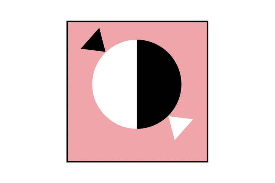Abstract geometric design with a black and white semi-circle and two contrasting triangles on a pink background.