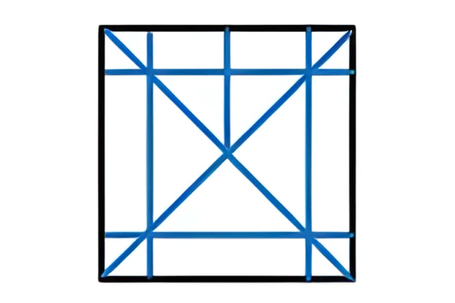 Abstract geometric pattern with intersecting blue lines inside a black square frame, testing pattern completion skills.