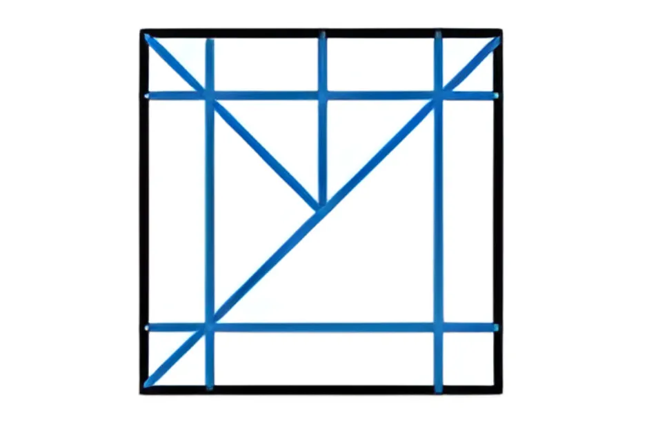 Abstract geometric pattern with blue lines forming triangles and rectangles inside a black square frame, puzzle concept.