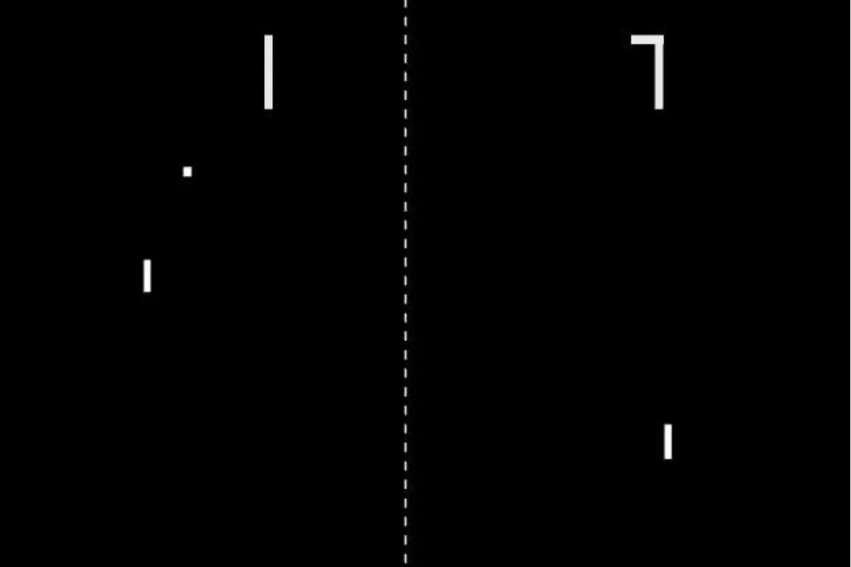 Pong arcade game screen showing basic white paddles and ball on a black background with a dashed center line.