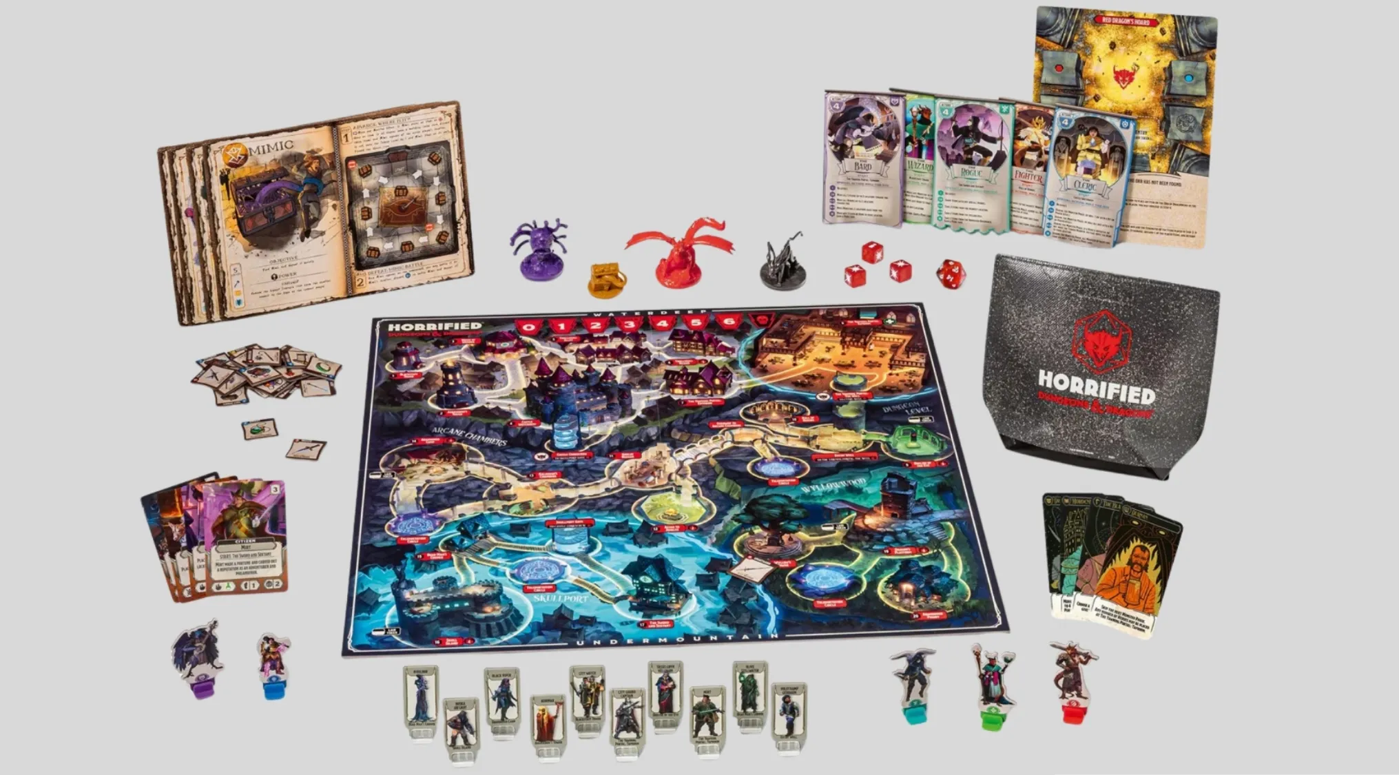 Dungeons and Dragons board game setup with character cards, miniatures, dice, and a detailed game map on a gray background.