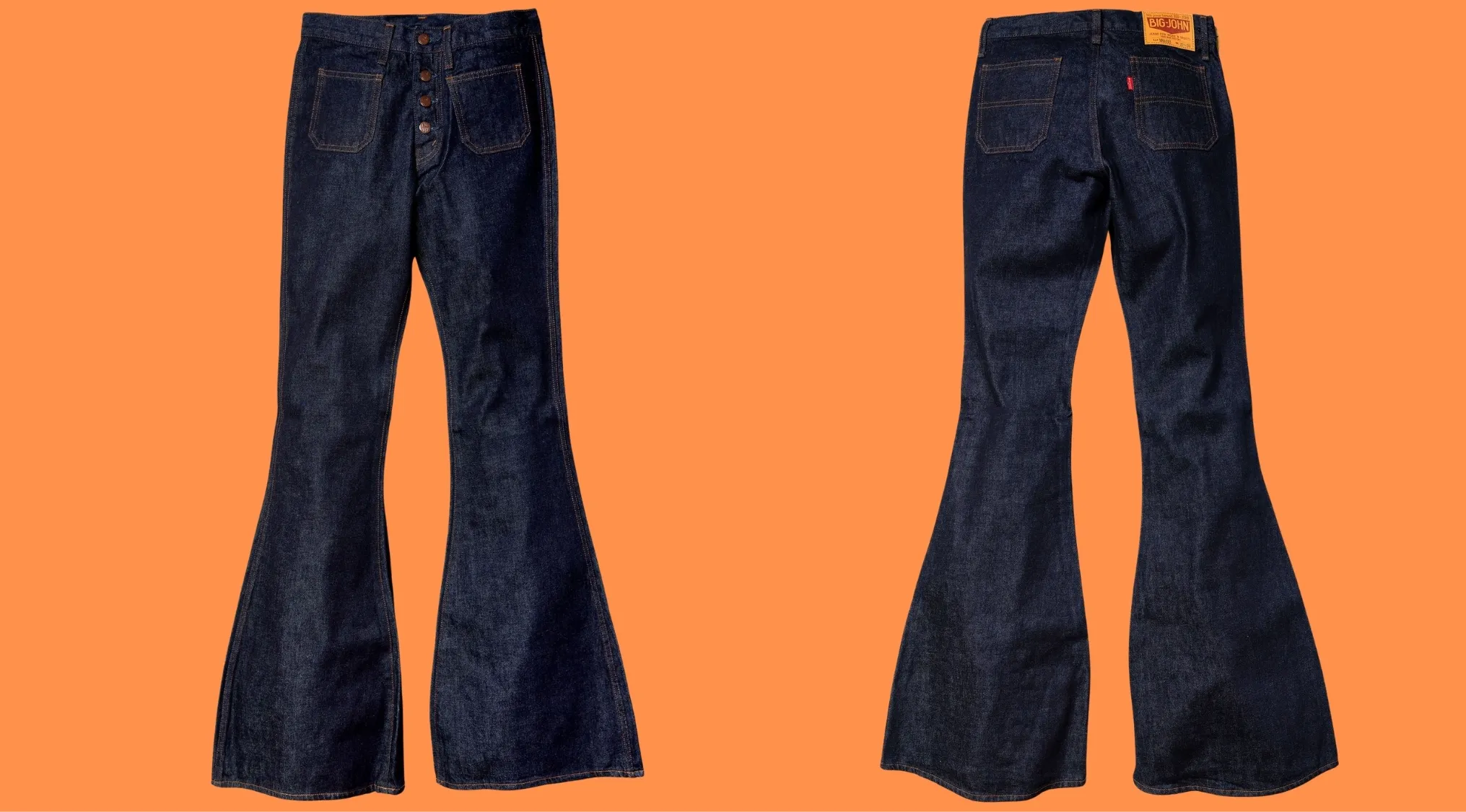 Dark blue wide-legged denim pants popular in 70s pop culture known as bell bottoms shown front and back.