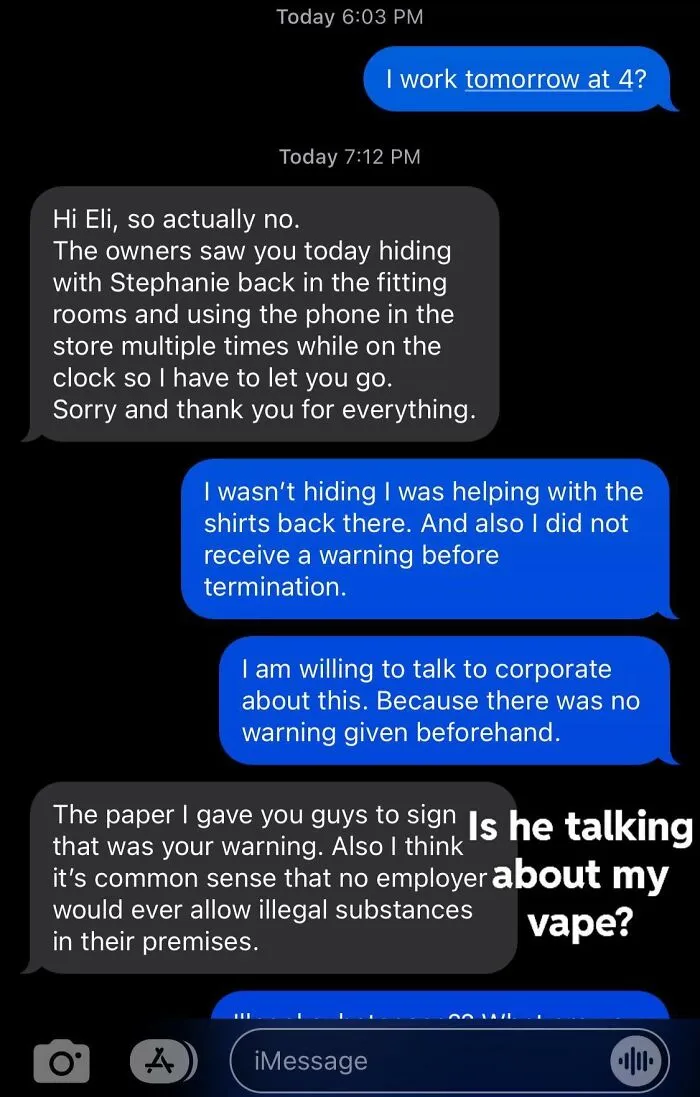 No Warning Of Termination, And The Manager Texted Me This