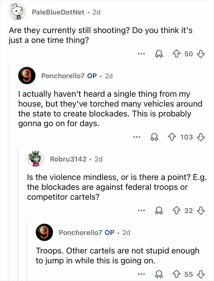 Reddit discussion about ongoing cartel violence in Mexico with mentions of shootings and vehicle blockades.