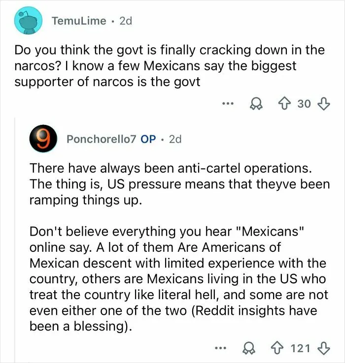 Reddit conversation discussing US pressure and government actions in Mexico’s ongoing cartel violence and anti-cartel operations.