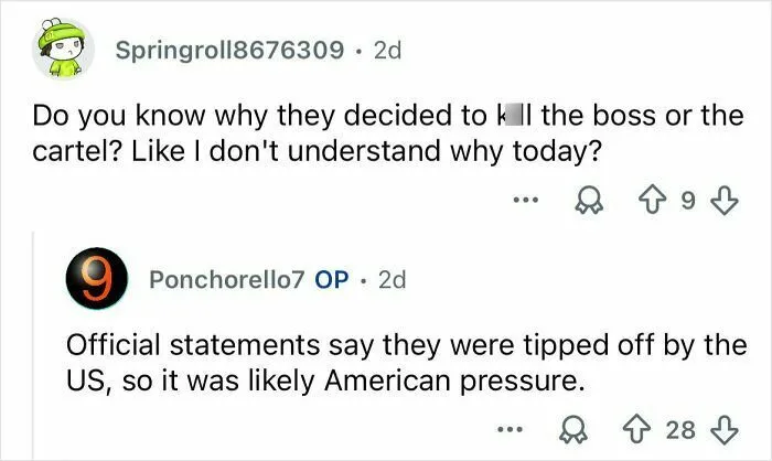 Online comments discussing cartel violence in Mexico, highlighting U.S. involvement and ongoing cartel conflict.