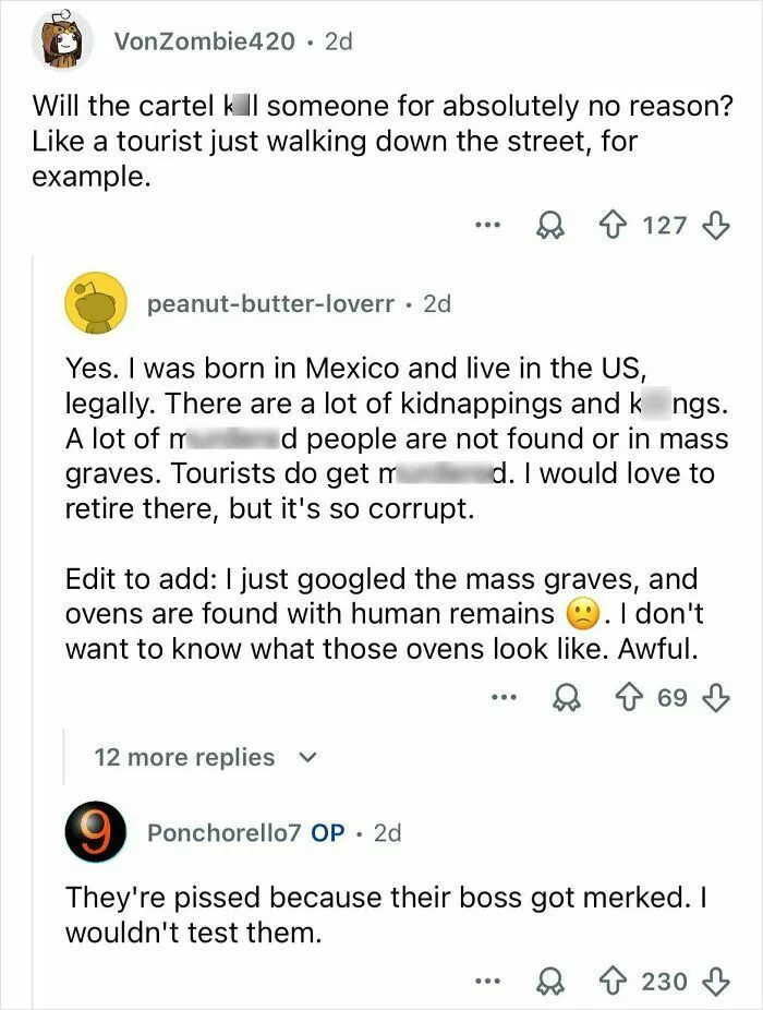 Screenshot of a Reddit conversation discussing Mexico cartel violence, kidnappings, mass graves, and corruption concerns.
