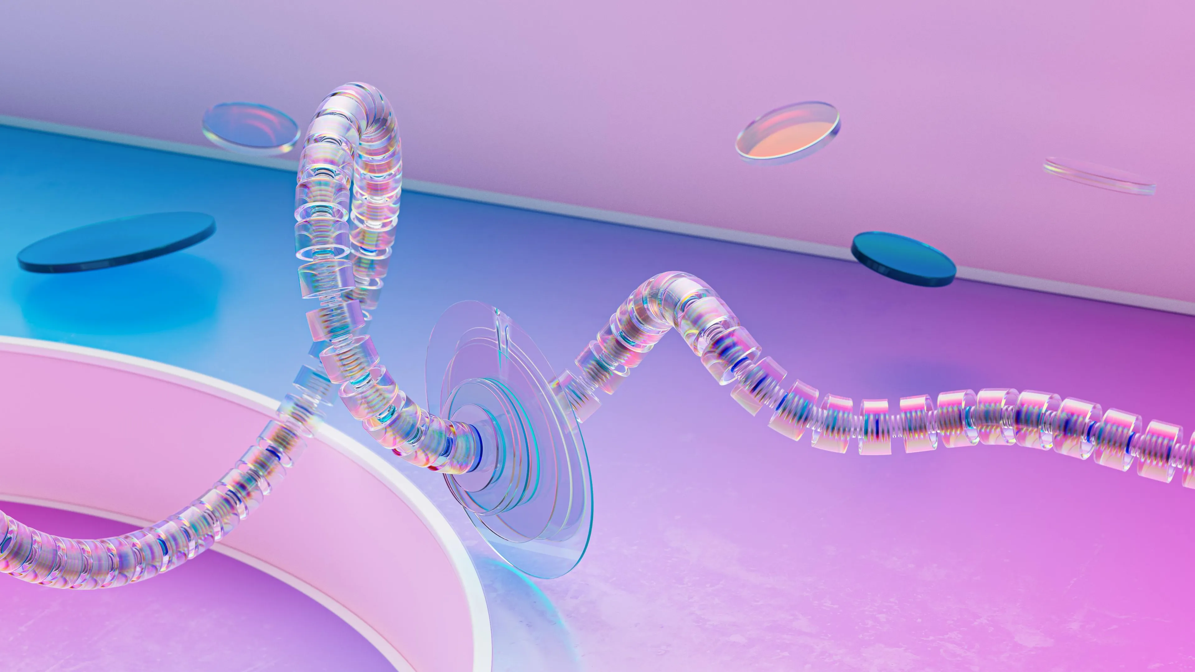 Abstract 3D illustration of a wave with transparent discs showing GCSE Combined Science quiz concept on waves in a vacuum.