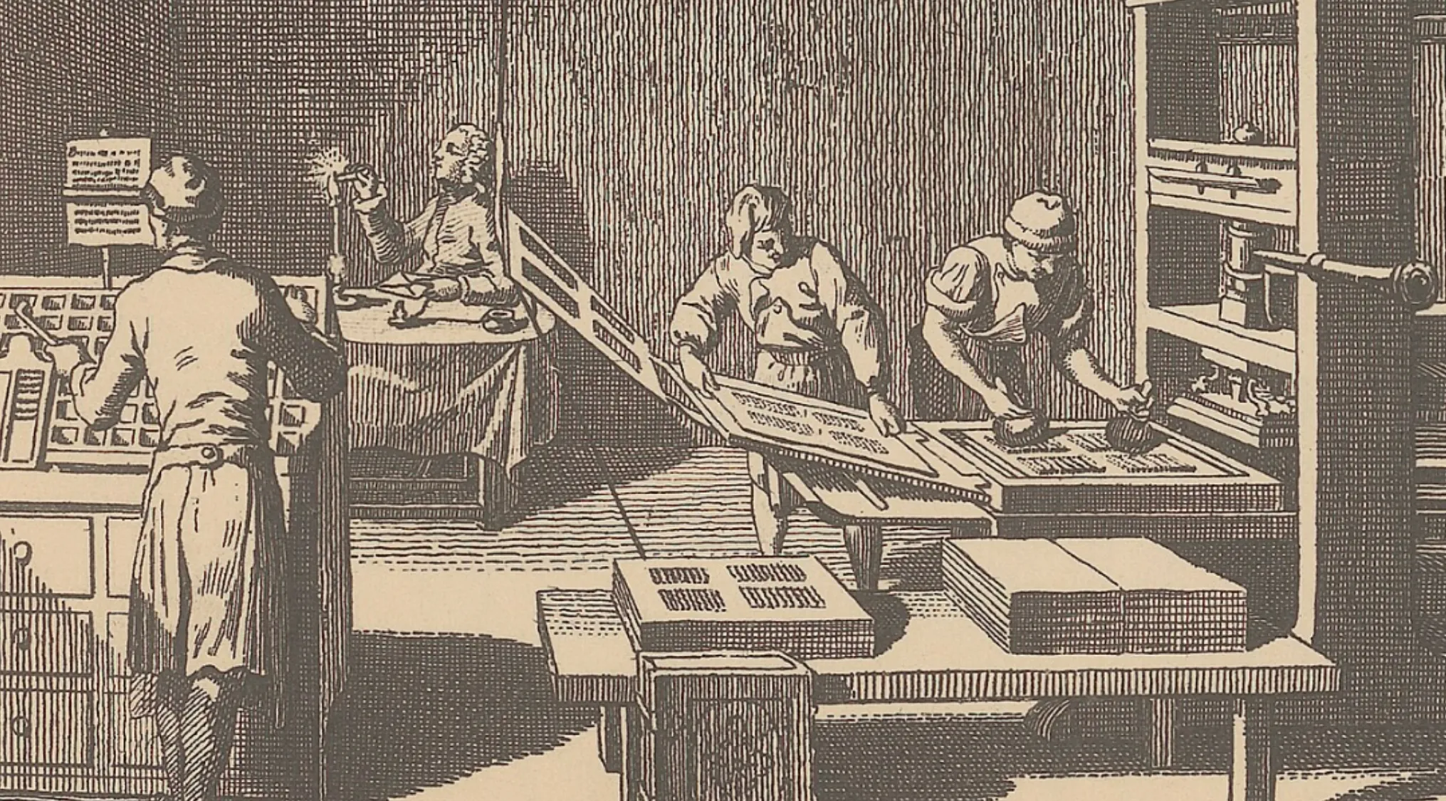 Vintage illustration of workers operating a printing press, depicting Johannes Gutenberg printing press invention process.