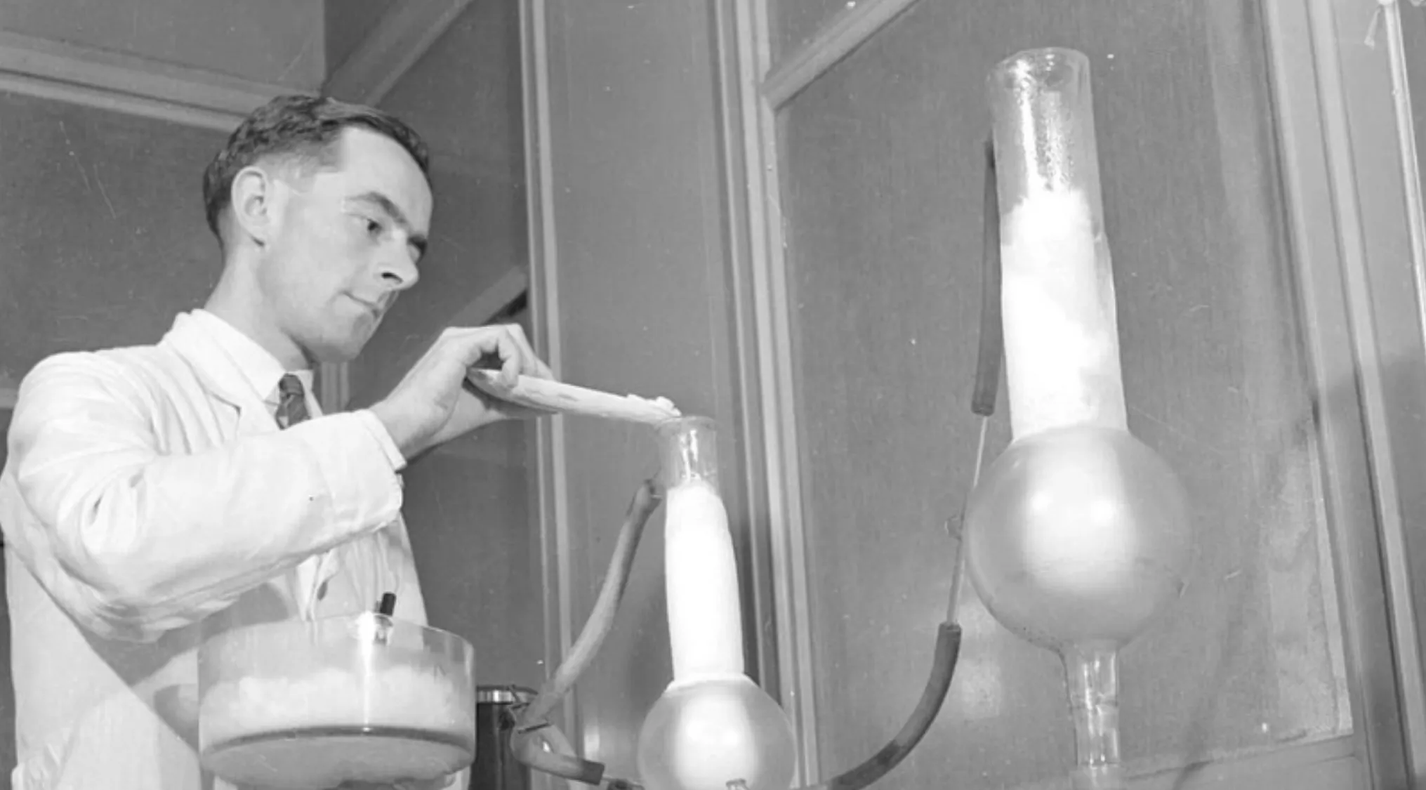 Scientist working in a lab with glassware, representing Alexander Fleming's discovery of penicillin in the 19__s.