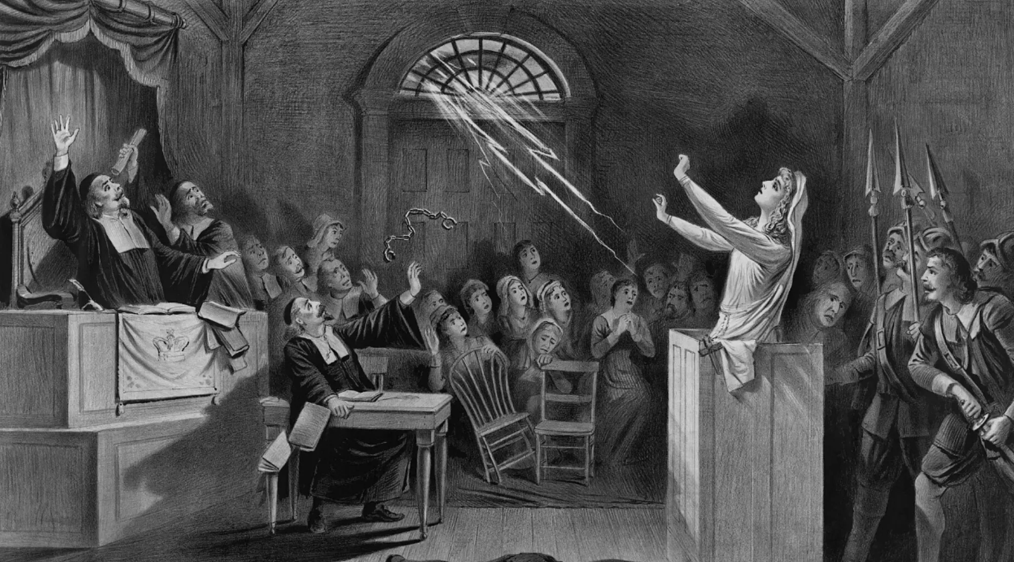 Black and white illustration of Salem witch trials courtroom scene with accused woman and shocked spectators in 17th century setting.