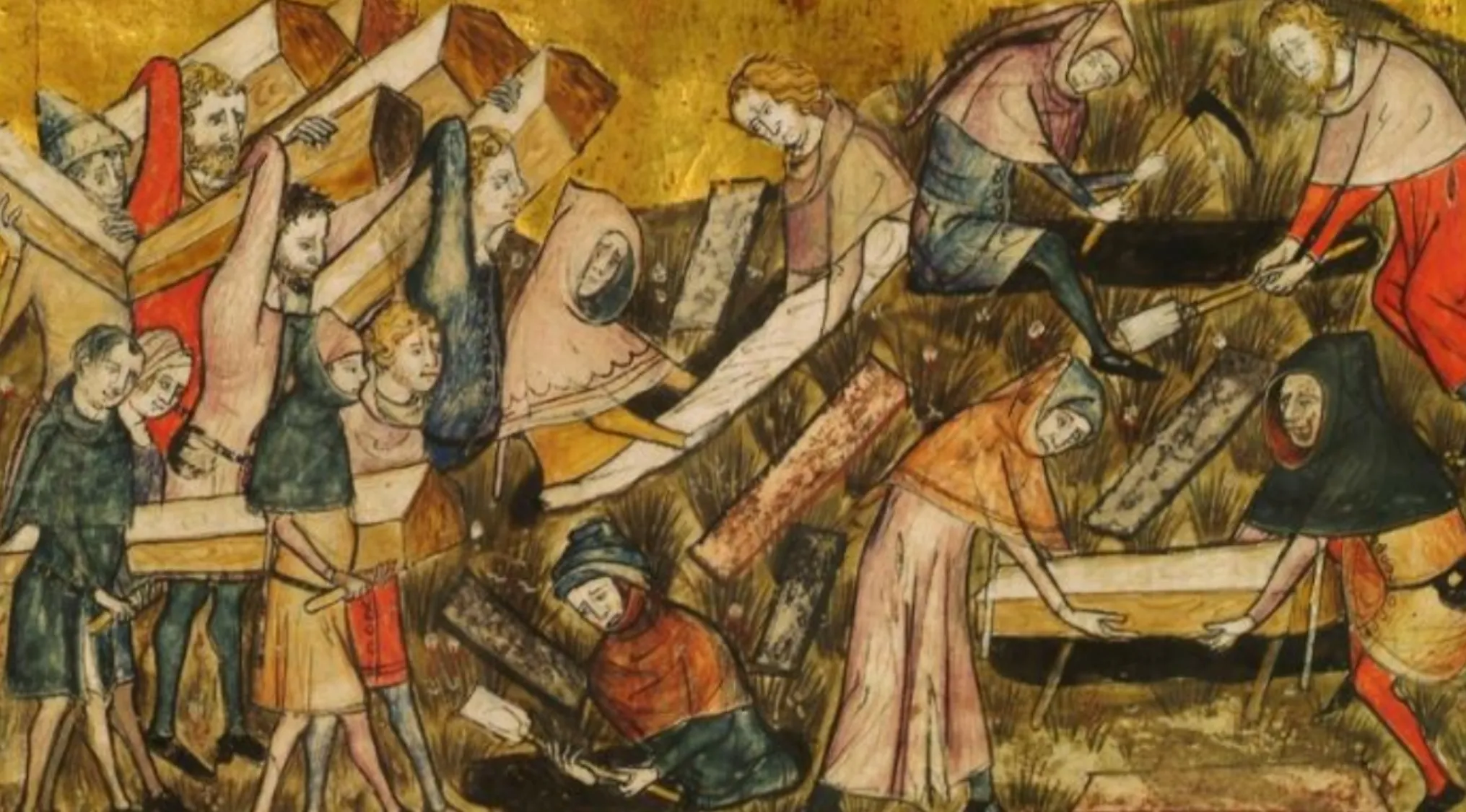 Medieval illustration showing people carrying and burying coffins during the Black Death in mainland Europe.