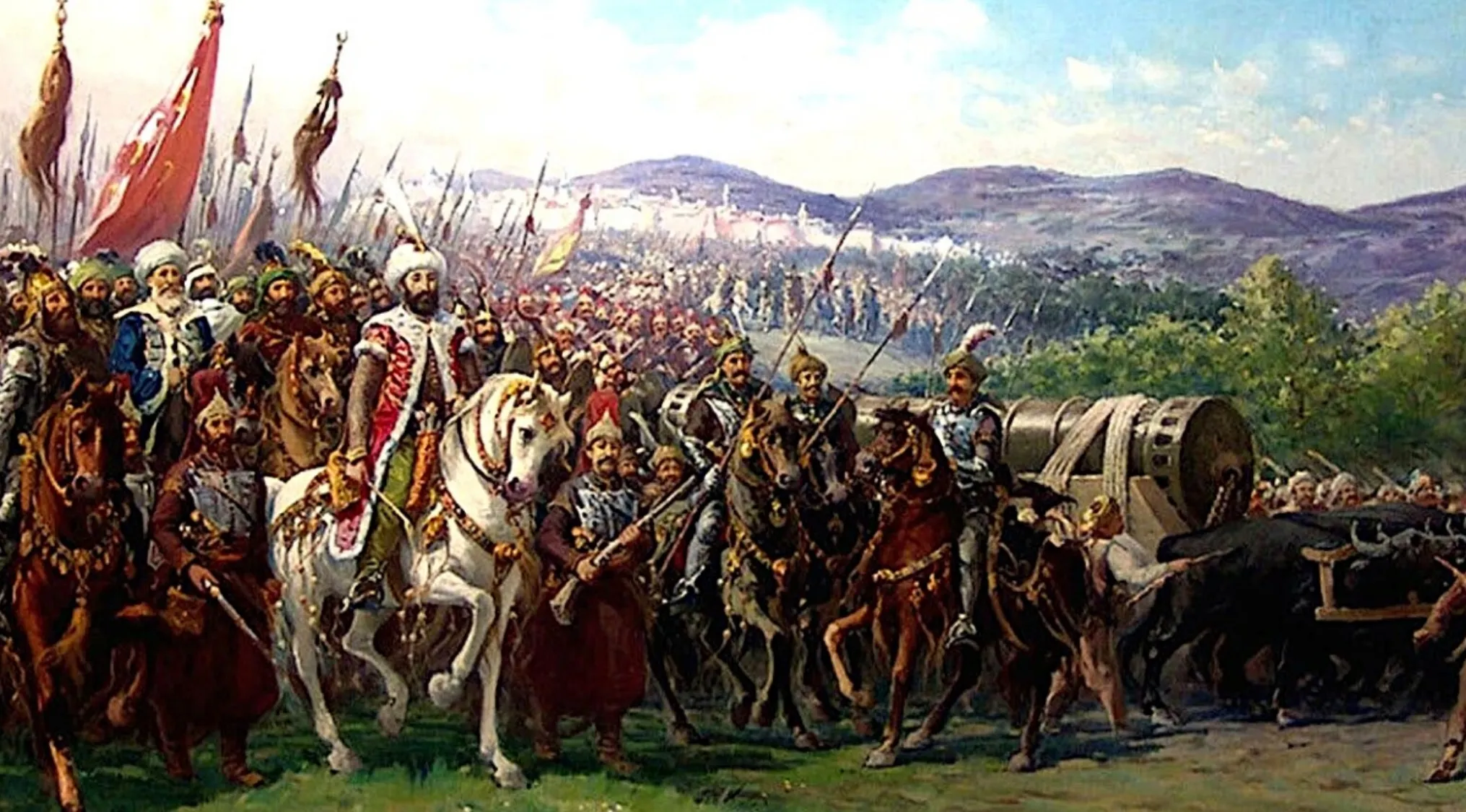 Ottoman Empire army led by soldiers on horses and a cannon approaching a city during the 15th century.