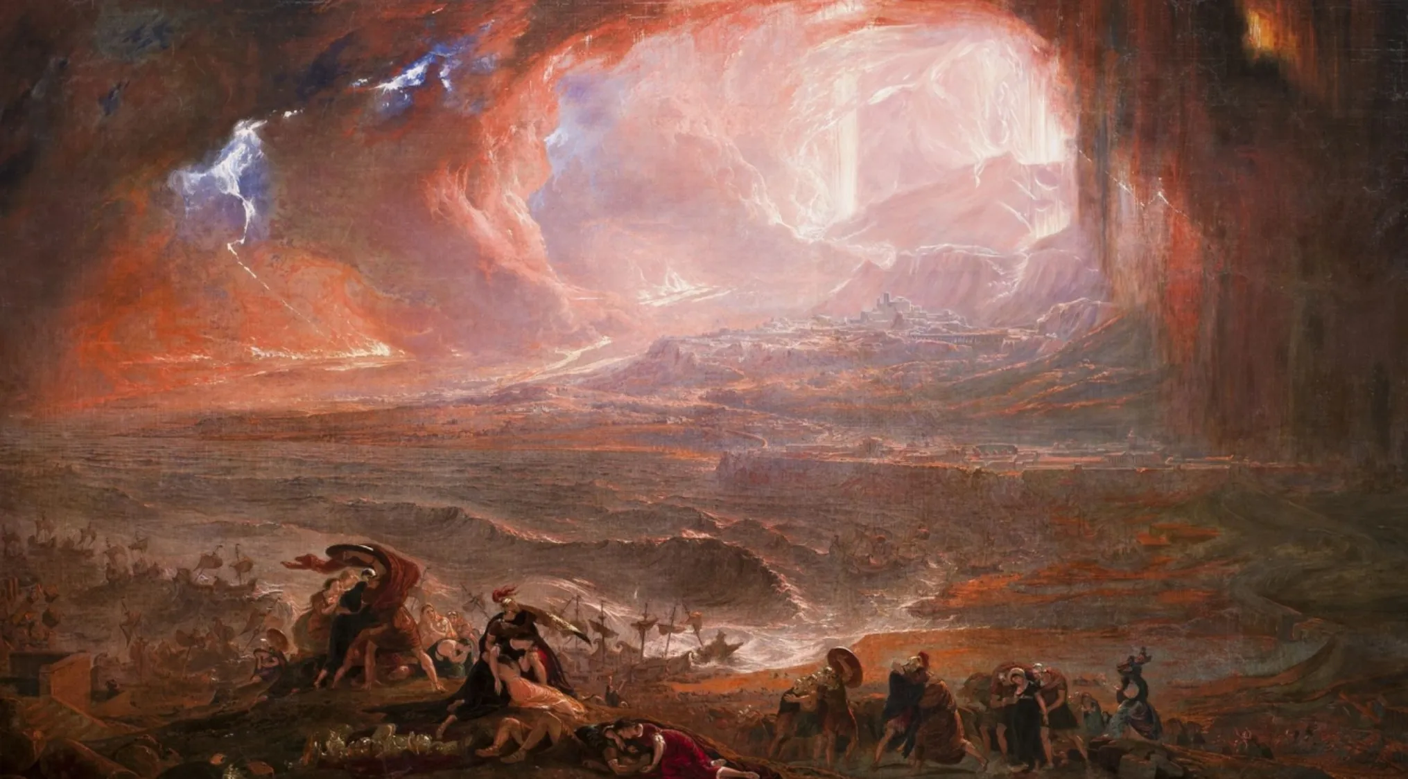 Dramatic painting of Mount Vesuvius erupting, destroying and burying Pompeii in the historic volcanic event.