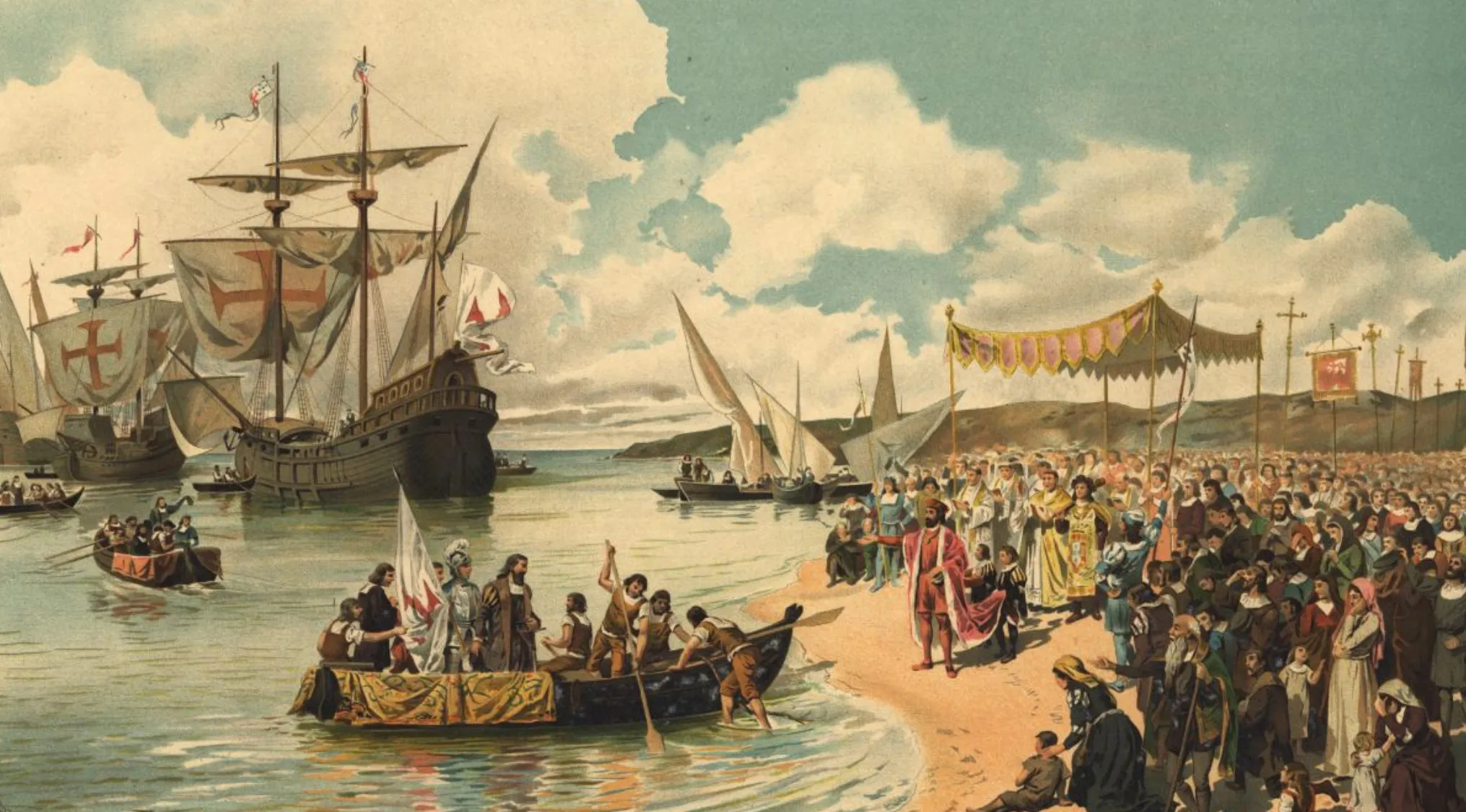 Historical scene of Vasco da Gama beginning his voyage to India in the 15th century with ships and crowd on shore.