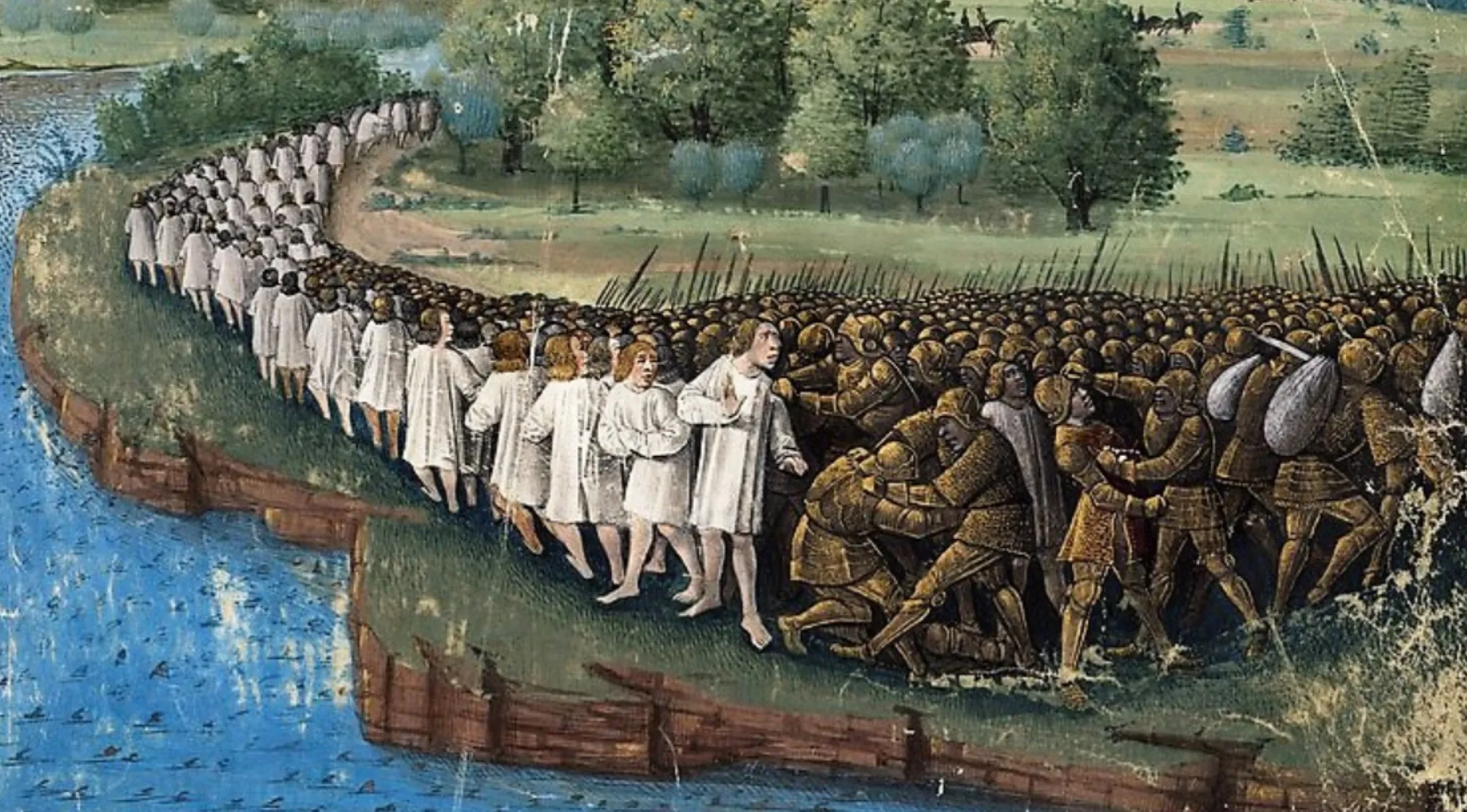Medieval battle scene depicting knights in armor and crusaders during the First Crusade in the 11th century.