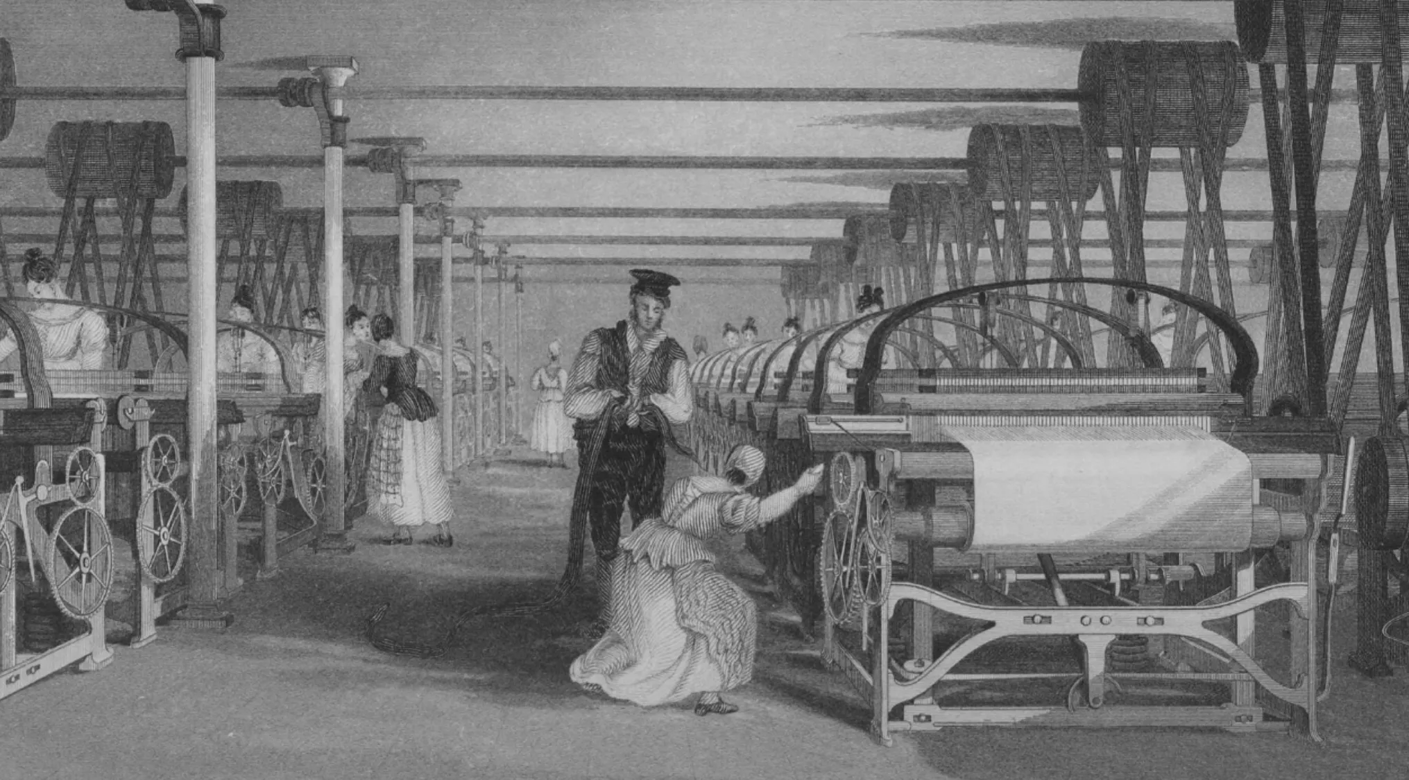 Industrial Revolution factory scene with workers operating textile machinery and large belts in a historic setting