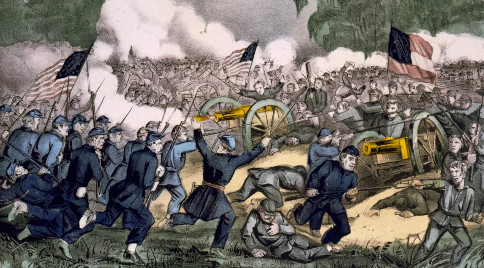 American Civil War battle scene with soldiers, flags, and cannons amid smoke and fighting on the battlefield.