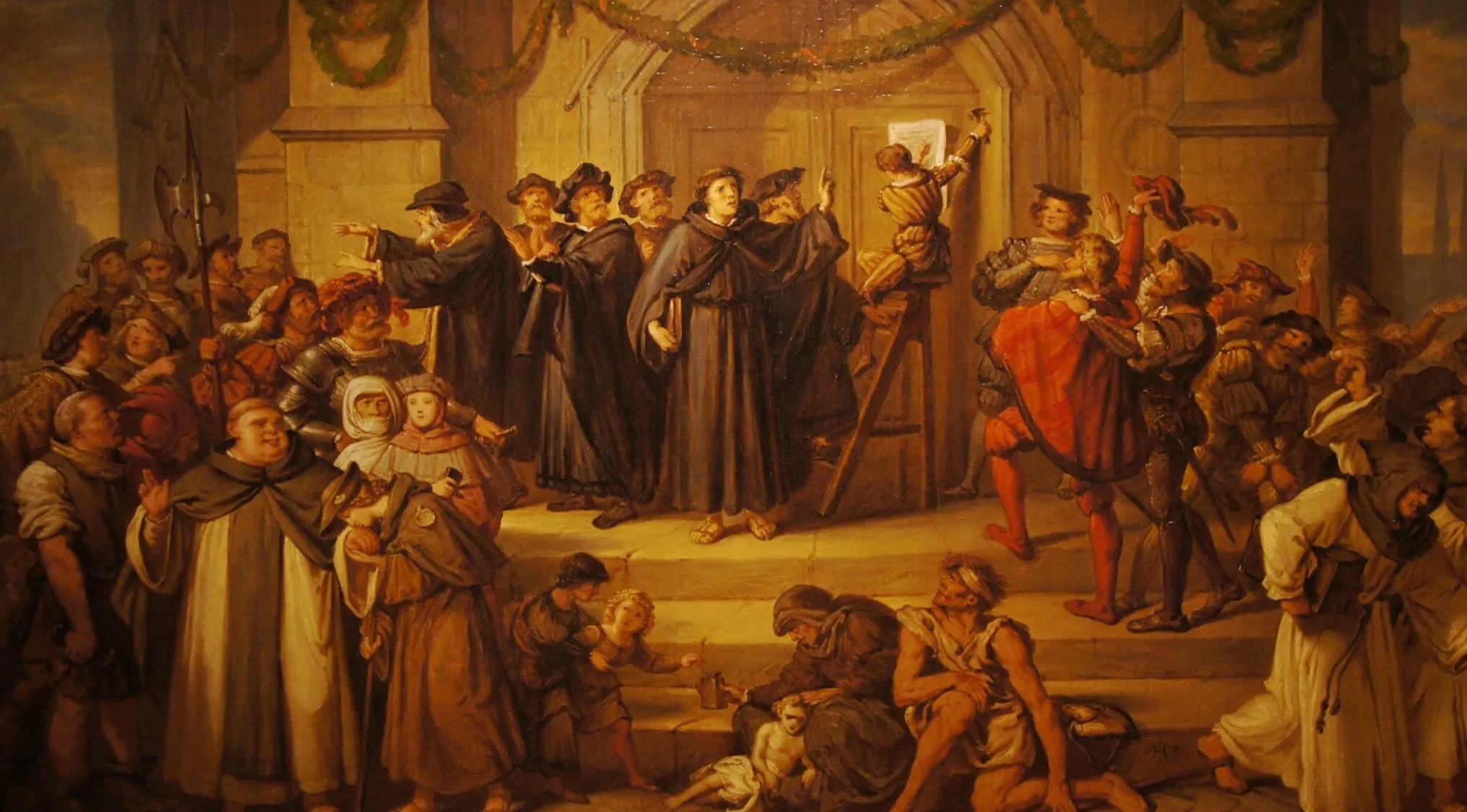 Painting showing Martin Luther posting his 95 Theses, sparking the Protestant Reformation in the 16th century.