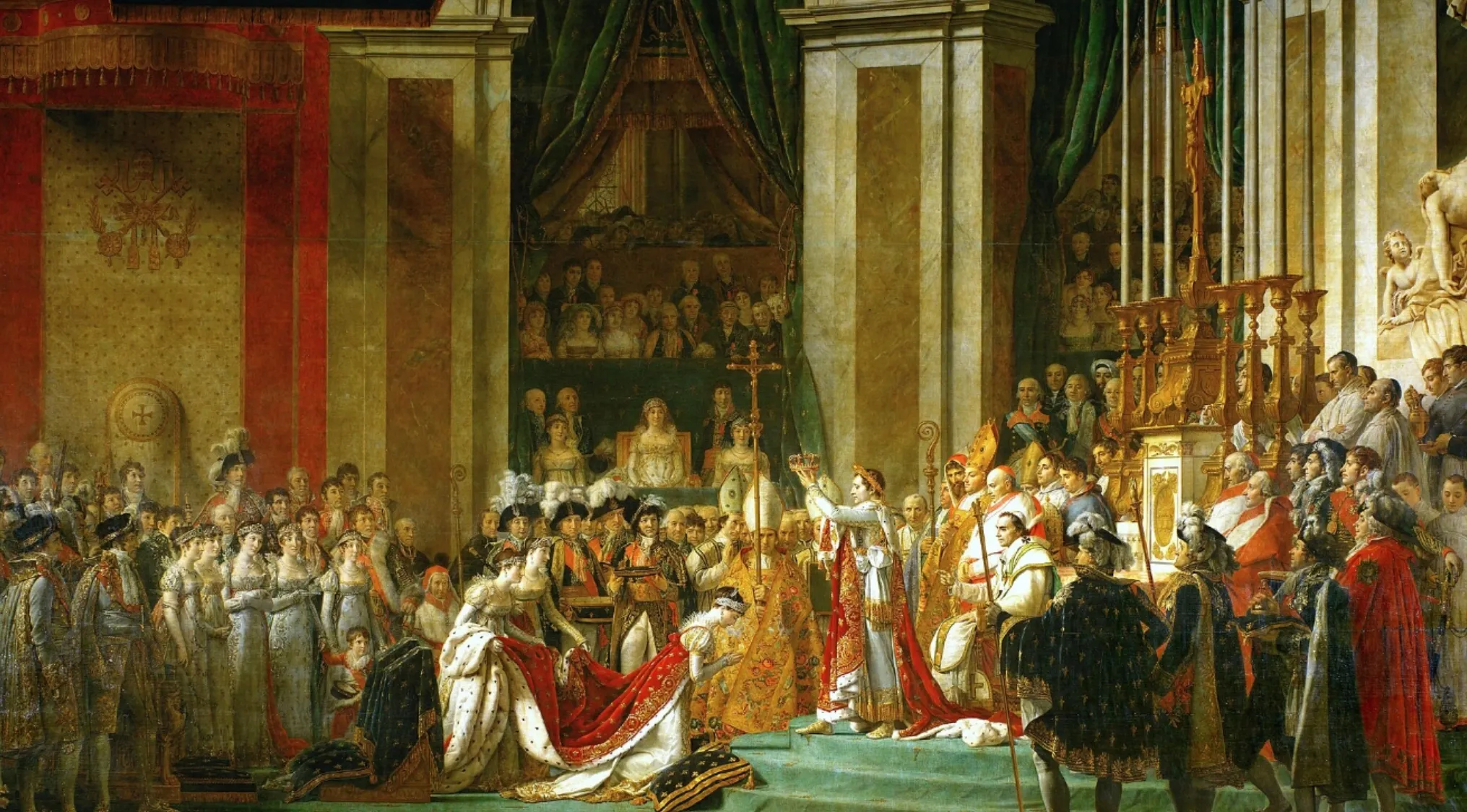 Napoleon crowned Emperor of the French in a grand ceremony with nobles and clergy in a historic palace setting