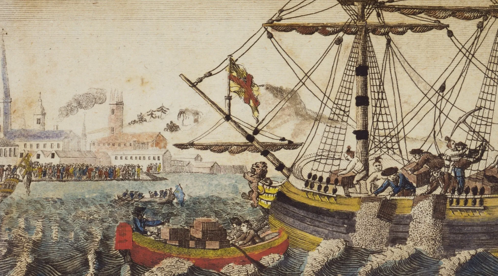 Historic illustration of the Boston Tea Party event showing colonists dumping tea crates into Boston Harbor in the 1700s.