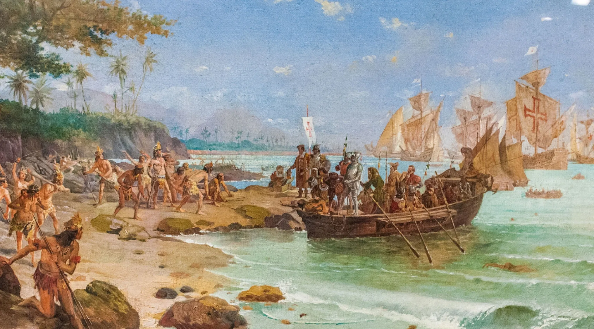 Painting showing explorer Ferdinand Magellan arriving by boat to a tropical shore during his circumnavigation expedition in the 16th century.