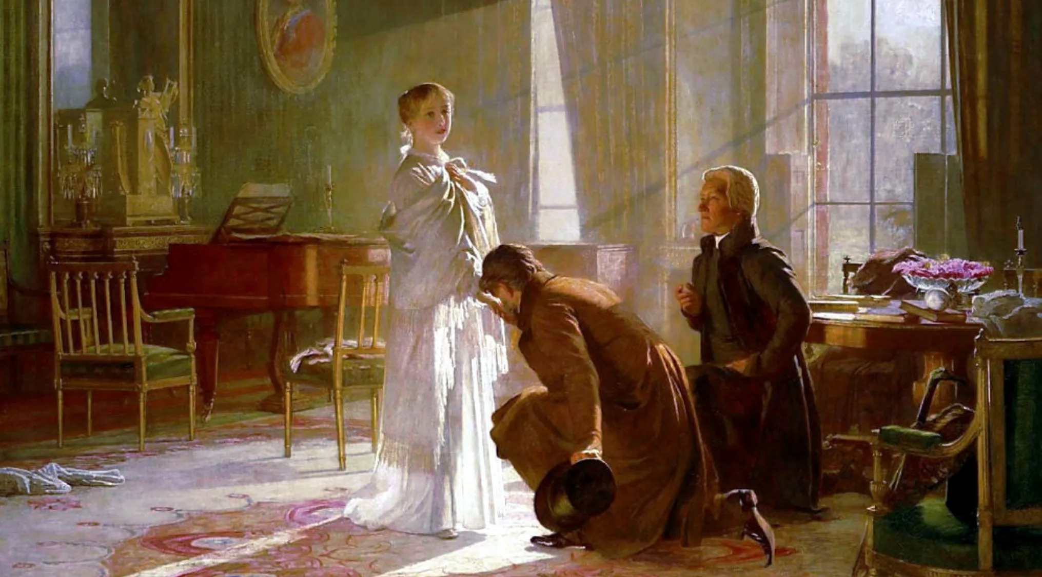 Young Queen Victoria standing in a sunlit room with two men kneeling, depicting the accession in the 1830s.