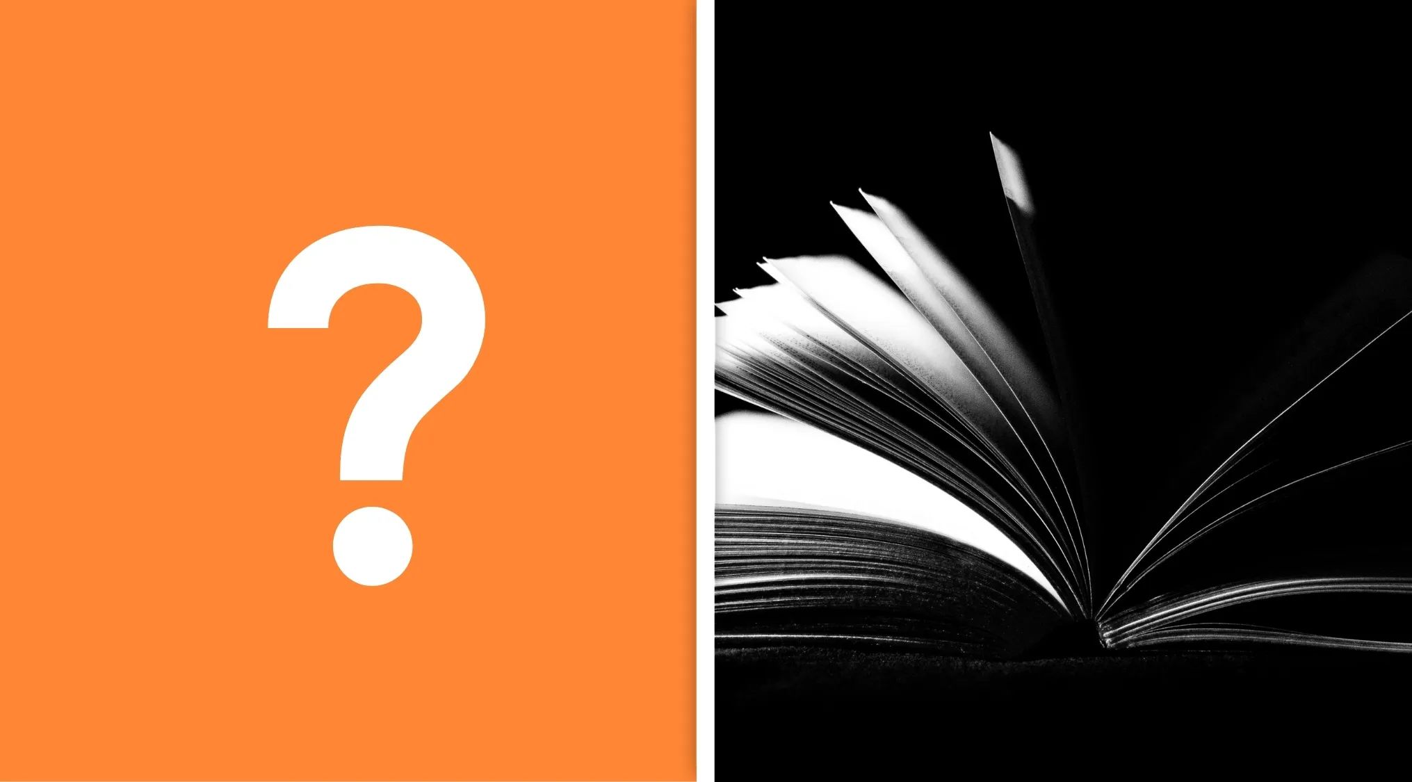 Split image with orange background and a white question mark on left, and a black and white open book on right for difficult general knowledge quiz.