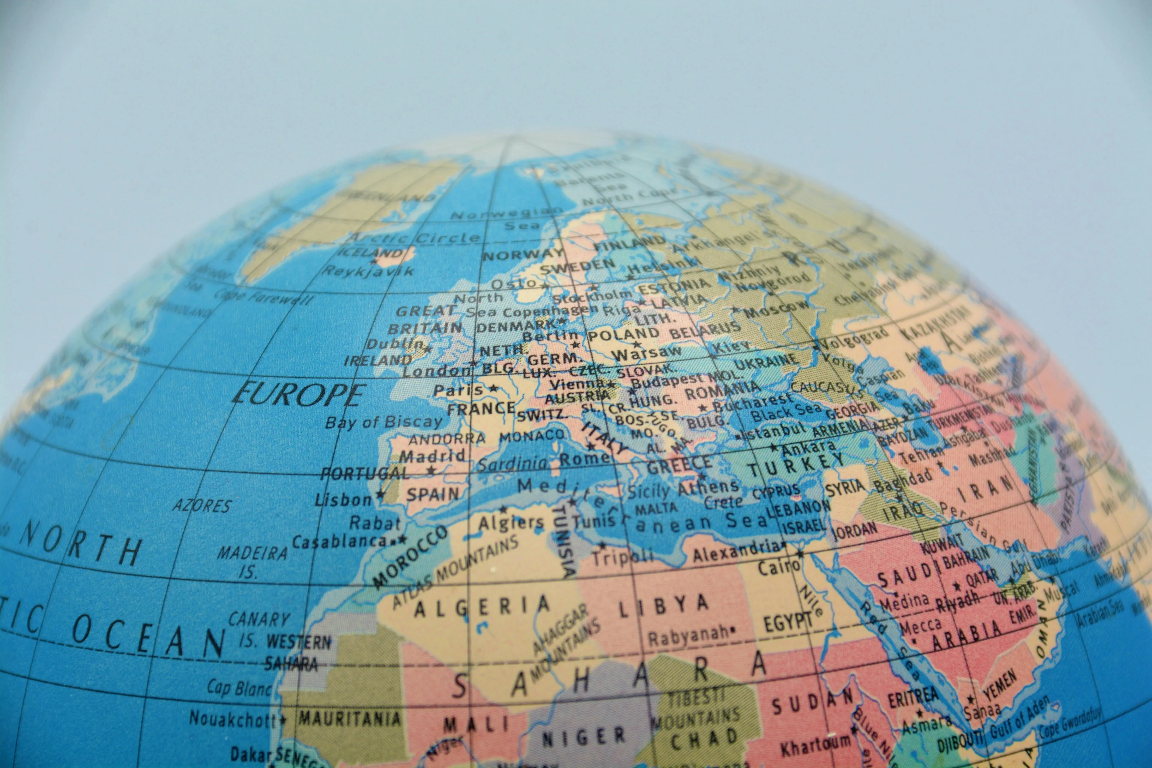 Close-up of a world map highlighting countries for a difficult general knowledge quiz on the country formerly known as Abyssinia.