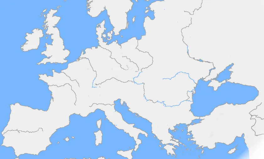 Map of Europe highlighting rivers relevant to the difficult general knowledge quiz on the longest river entirely within Europe.