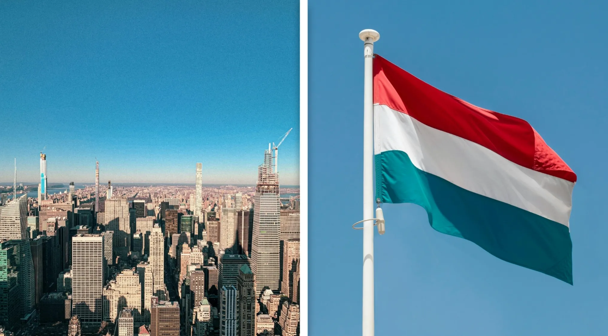 Aerial view of New York City skyline with Dutch flag, referencing the original name under Dutch rule.