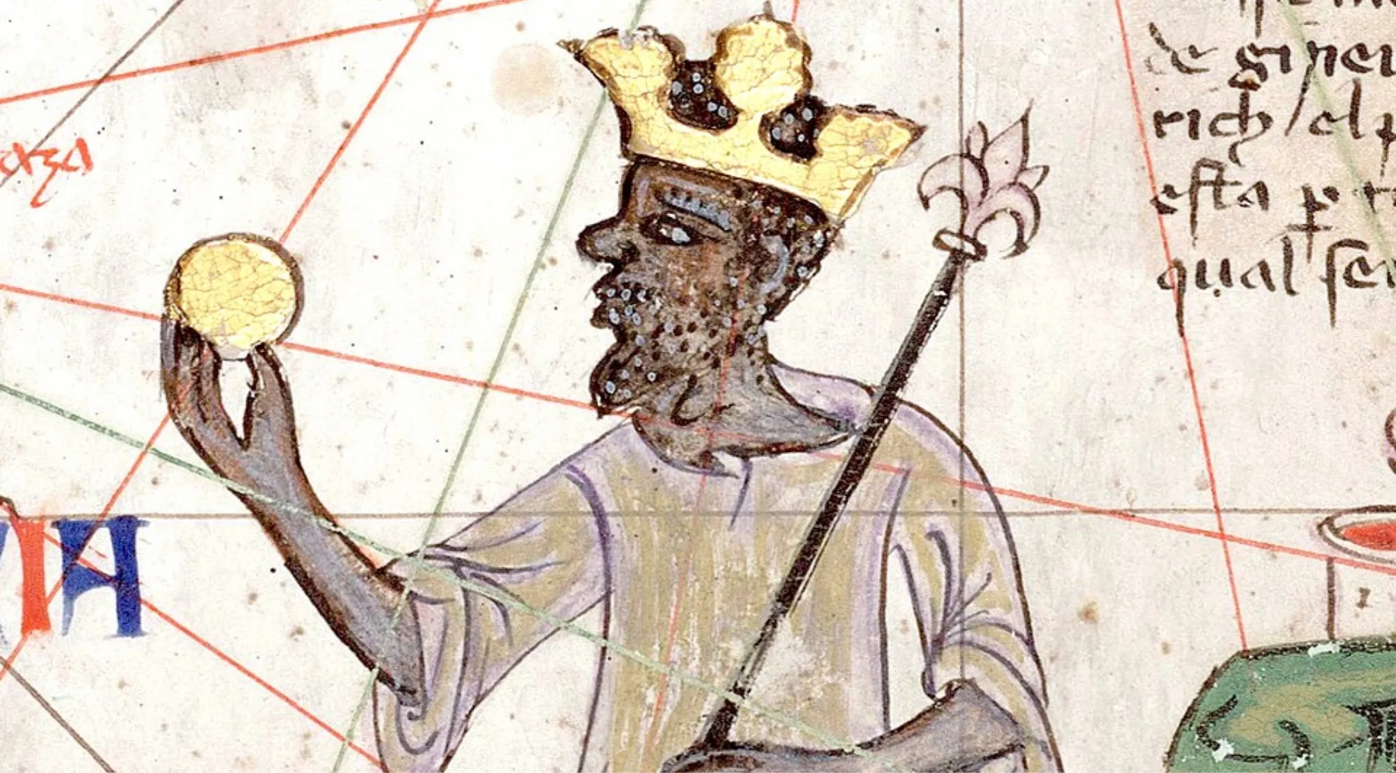 Medieval illustration of Mansa Musa, 14th century ruler, holding gold coin and scepter in historical empire art map.