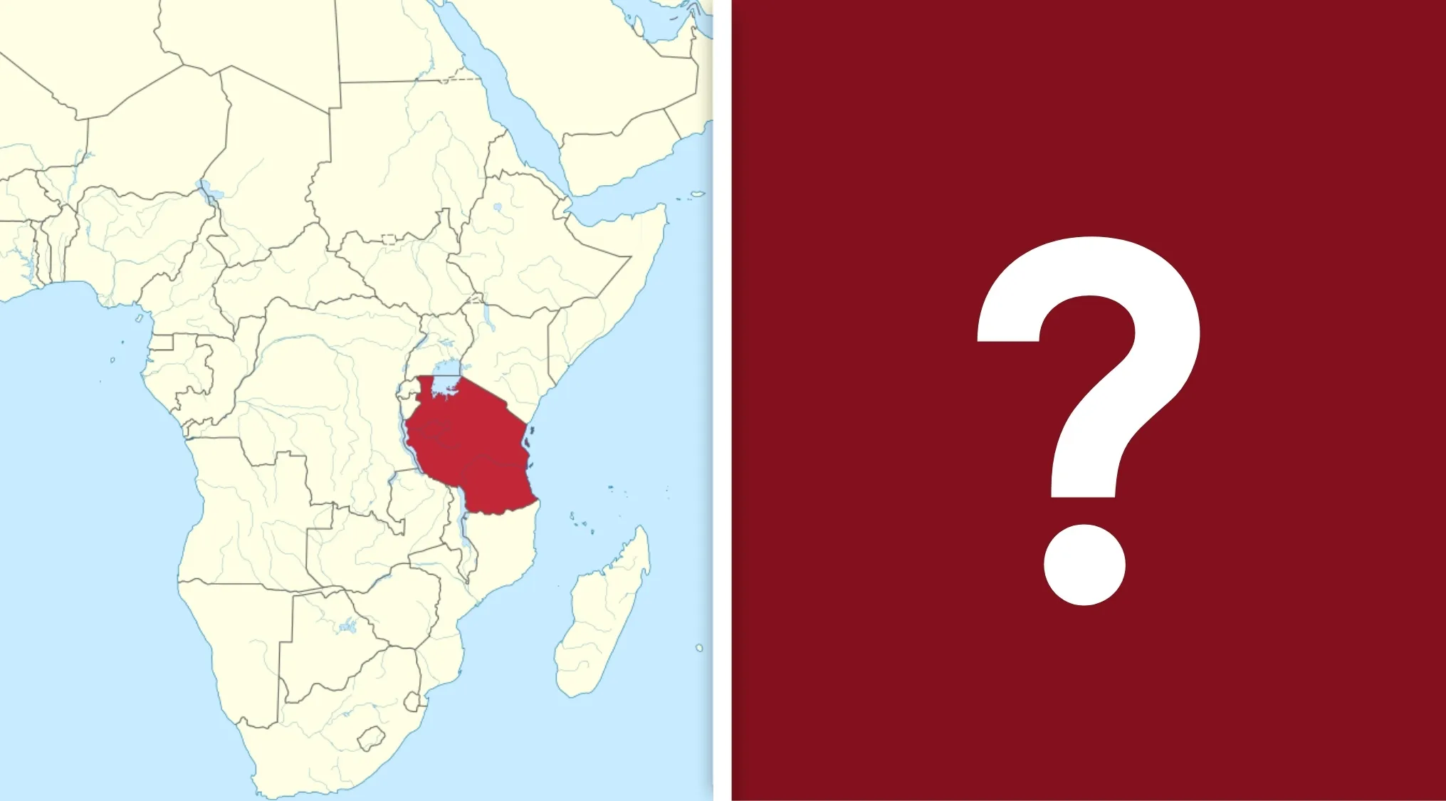 Map highlighting Tanzania in Africa next to a maroon background with a large white question mark, quiz on official language
