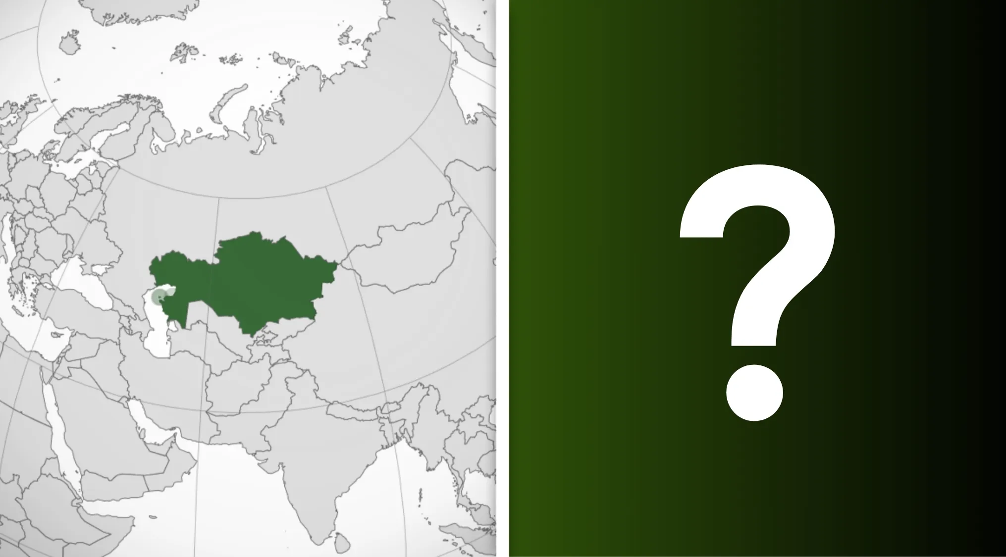 Map highlighting Kazakhstan in green on a world map with a large white question mark on a green background.