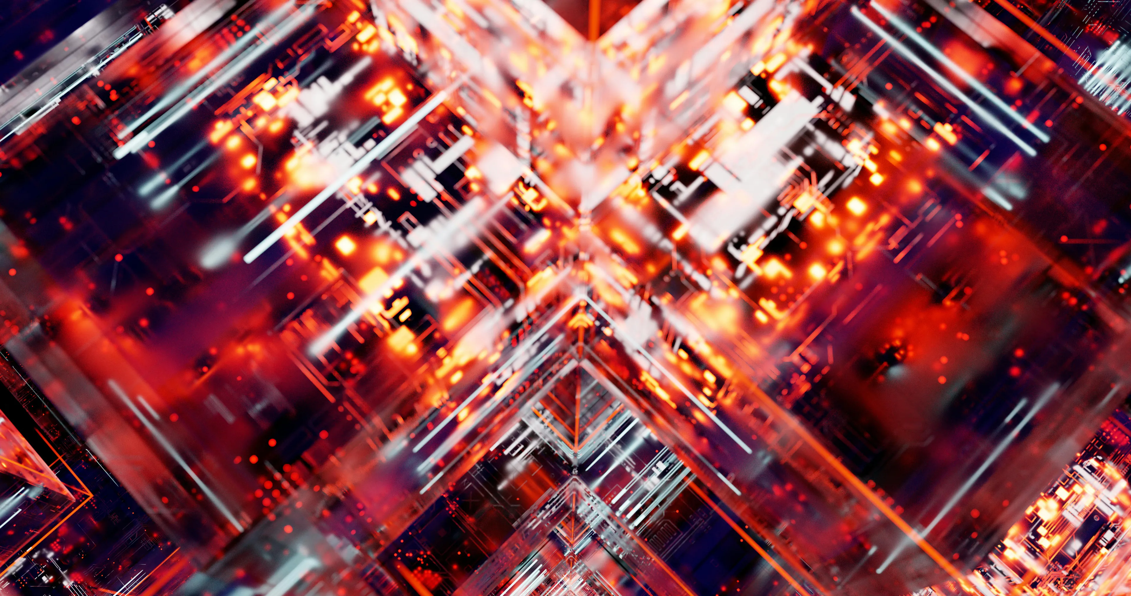 Abstract futuristic digital circuit design in red and orange colors representing electric resistance concept.