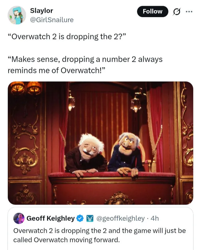 Screenshot of a humorous social media post about Overwatch 2 dropping the number 2, from chaotic and hilarious coping humor posts.